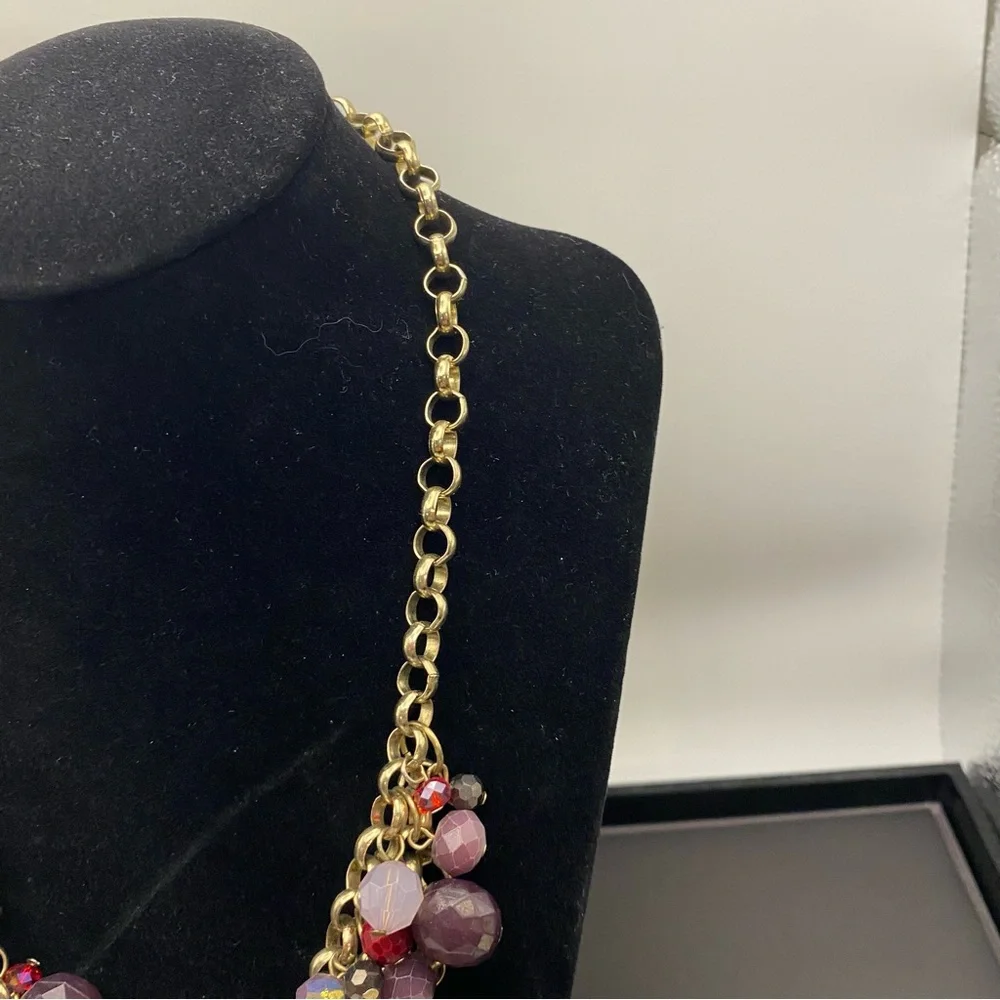 LOFT Gold Chain Statement Necklace with Purple and Pink Beads - Picture 6 of 10